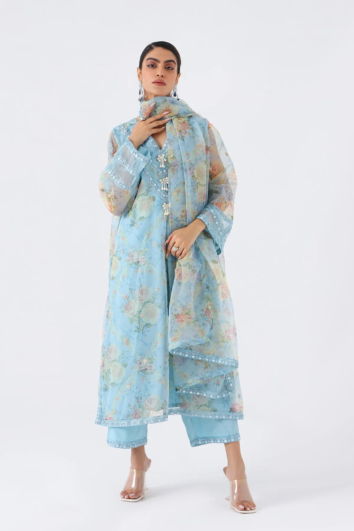 3-Pc Printed Organza Shirt with raw-silk trouser with Organza dupatta SCPM3-055