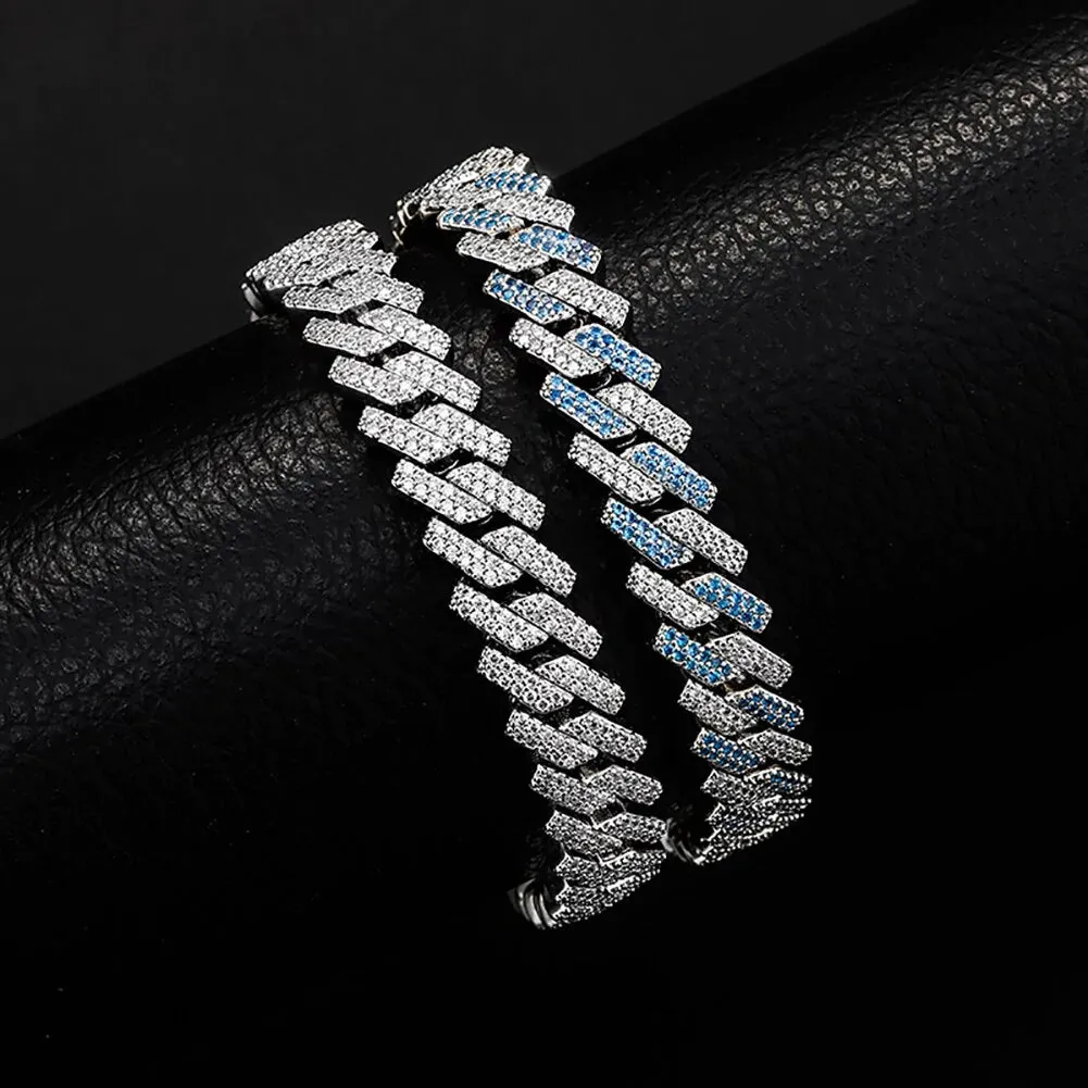 Blue White Gold Micro Pave Two-Tone Iced Out CZ Hip Hop Men's Bracelet