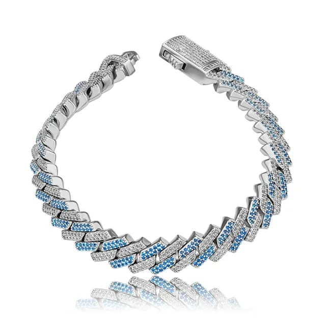 Blue White Gold Micro Pave Two-Tone Iced Out CZ Hip Hop Men's Bracelet