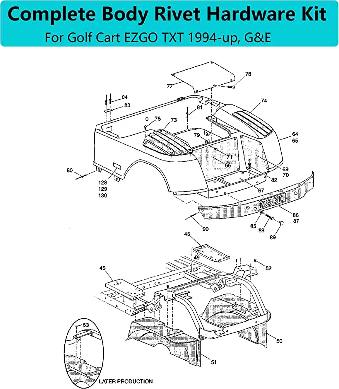 Complete Body Metal Rivet Hardware Kit for (94+) EZGO TXT Gas/Electric Golf Cart with Extra 10 PCS Plastic Fastener Tree Rivets 