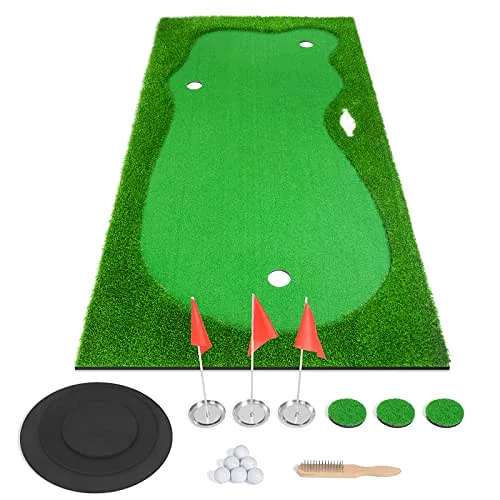 Deluxe Putting Green Bundle - 5x10 Foot Putting Green, Slope, Brush, Balls & Putter