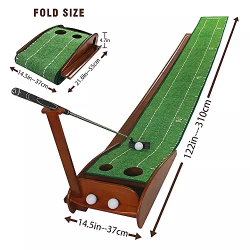 Deluxe Wood Golf Putting Green - Auto Ball Return & Putter Included