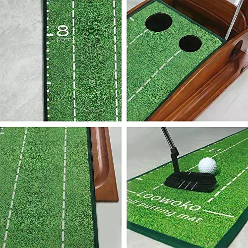 Deluxe Wood Golf Putting Green - Auto Ball Return & Putter Included