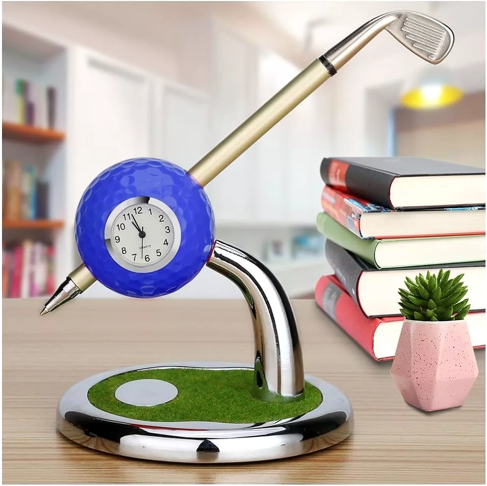 Golf Pen and Pen Holder with Clock Golf Accessories Desktop Decoration Gift - 10L0L