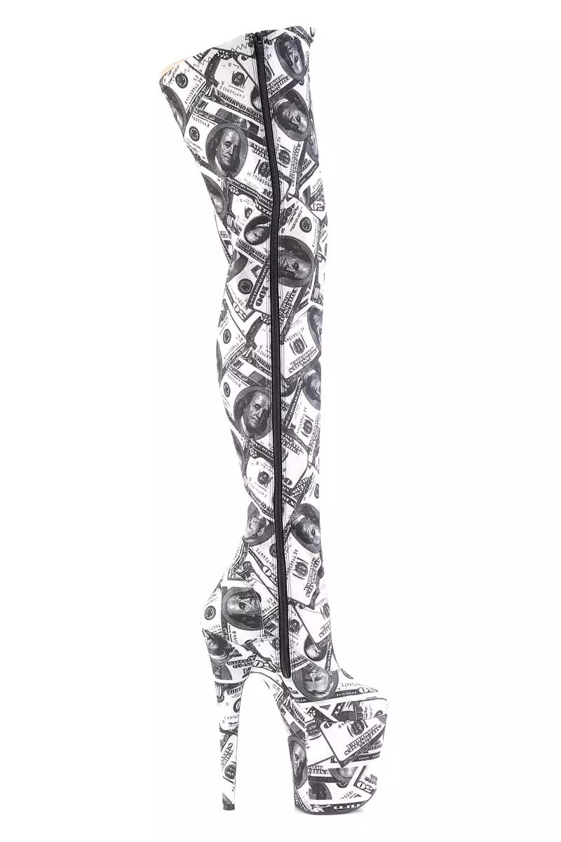 Pleaser USA Flamingo-3000DP 8inch Thigh High Pleaser Boots - Money Print