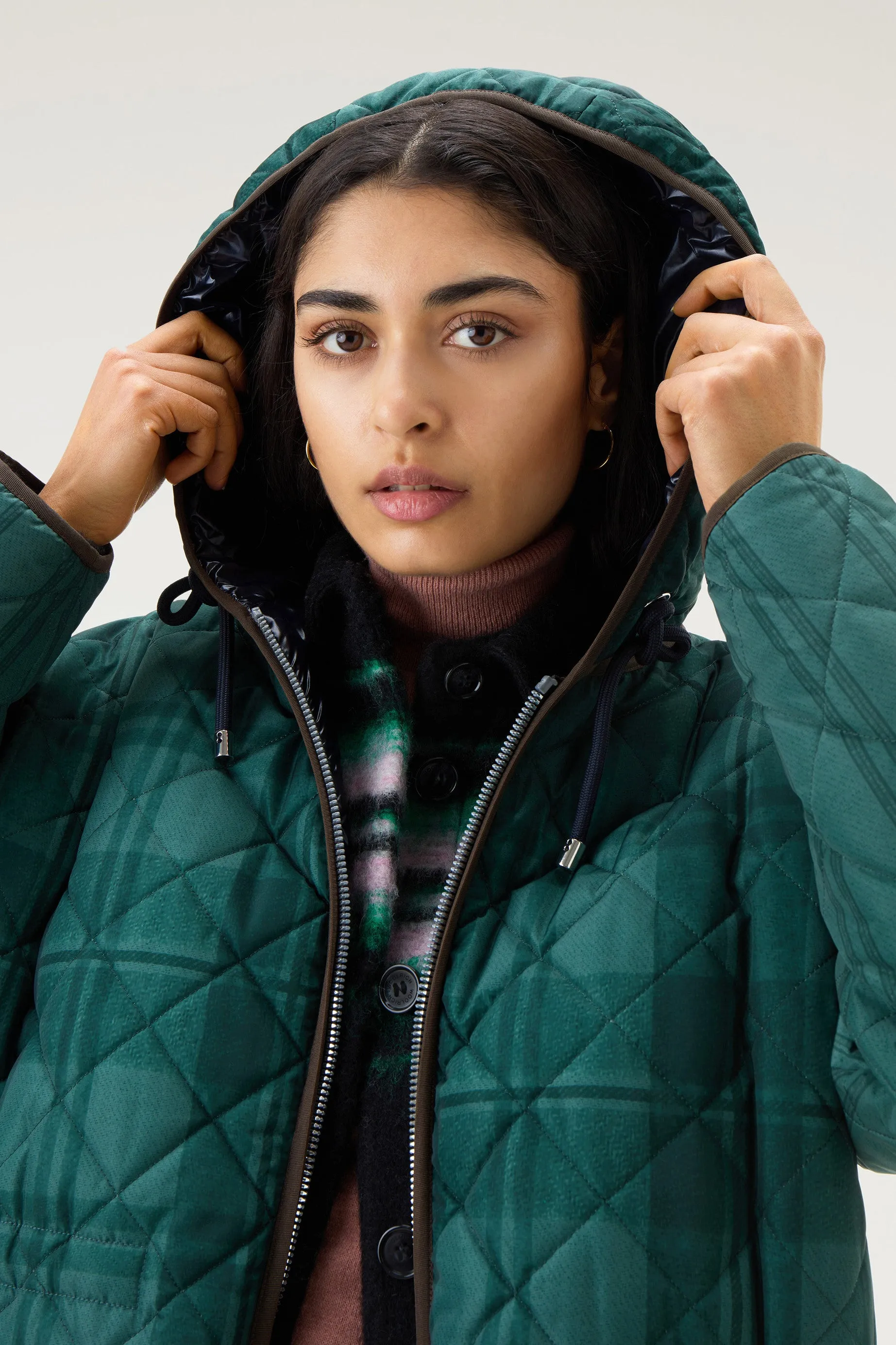 Quilted Patchwork Parka with Satin Nylon Lining Spruce Green Patchwork