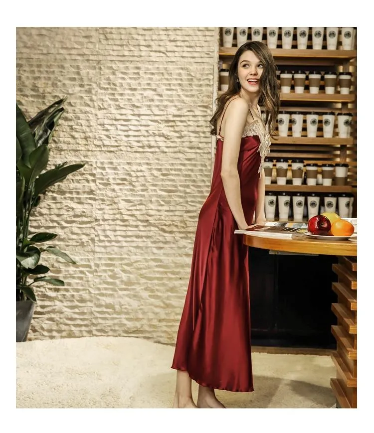 Sexy Ladies Silk Satin Lace Summer V-neck Long Nightgown Nightdress