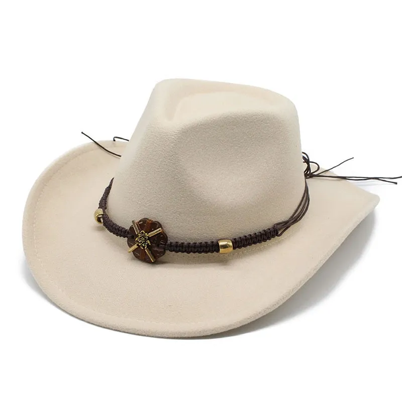 Unisex Formal Western Bead Belt Wide Brim Cowboy Jazz Hats for Party