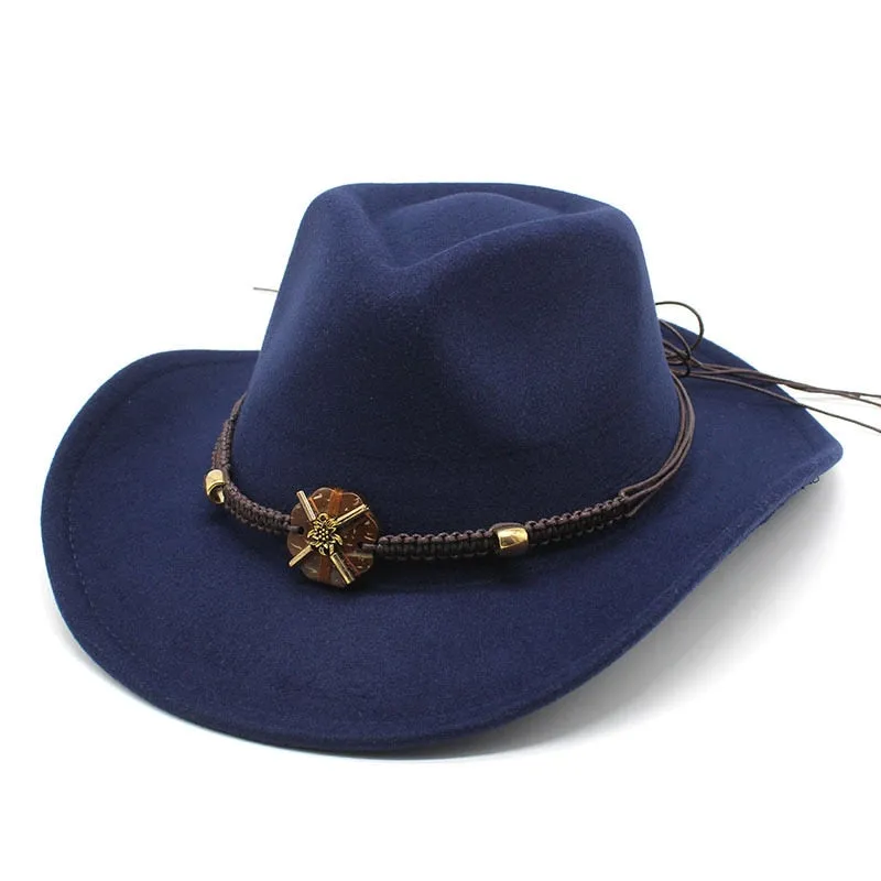 Unisex Formal Western Bead Belt Wide Brim Cowboy Jazz Hats for Party