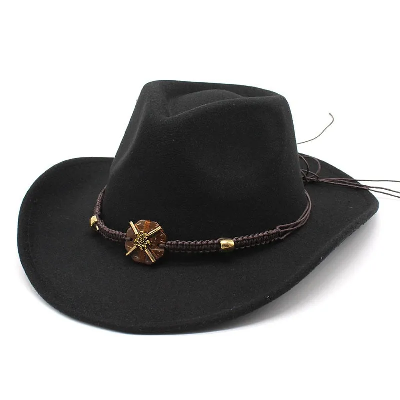 Unisex Formal Western Bead Belt Wide Brim Cowboy Jazz Hats for Party