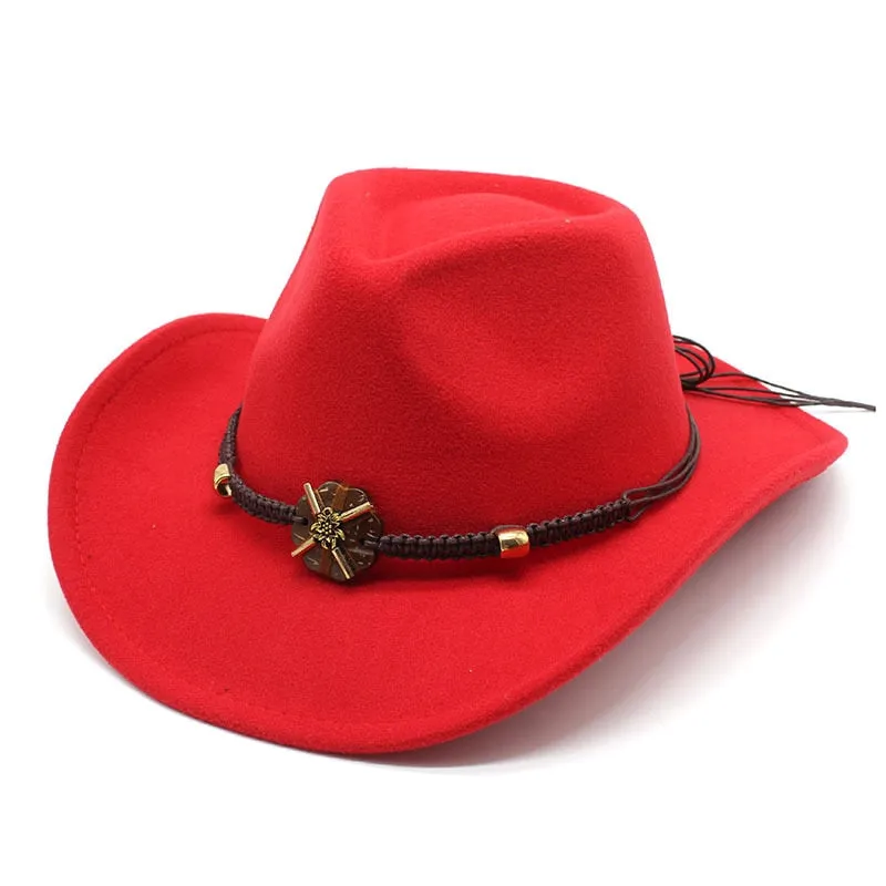 Unisex Formal Western Bead Belt Wide Brim Cowboy Jazz Hats for Party