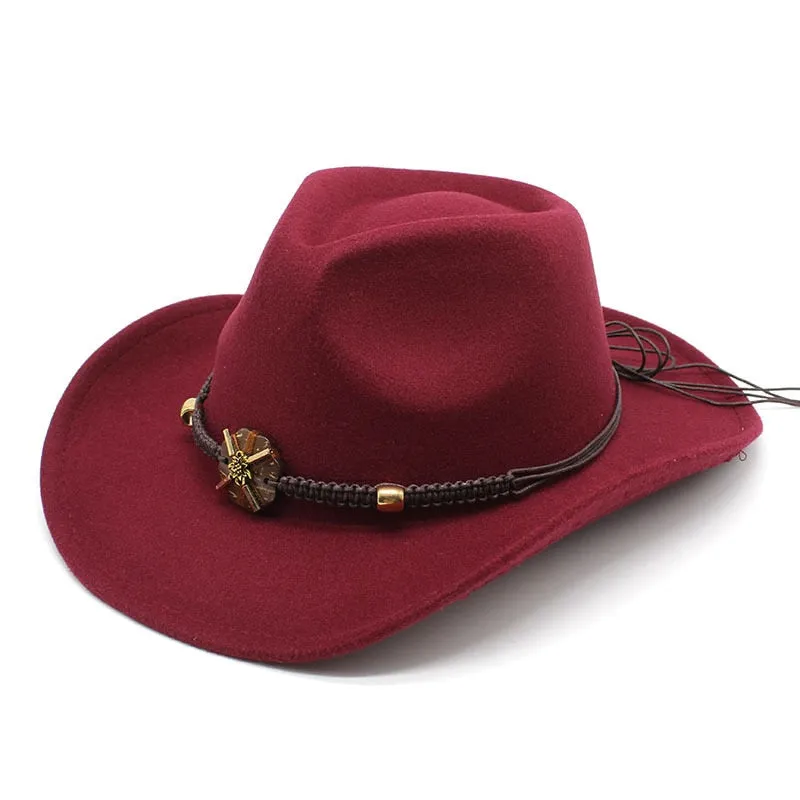 Unisex Formal Western Bead Belt Wide Brim Cowboy Jazz Hats for Party