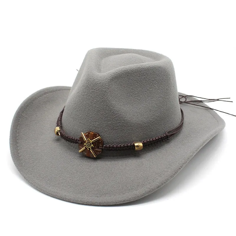 Unisex Formal Western Bead Belt Wide Brim Cowboy Jazz Hats for Party