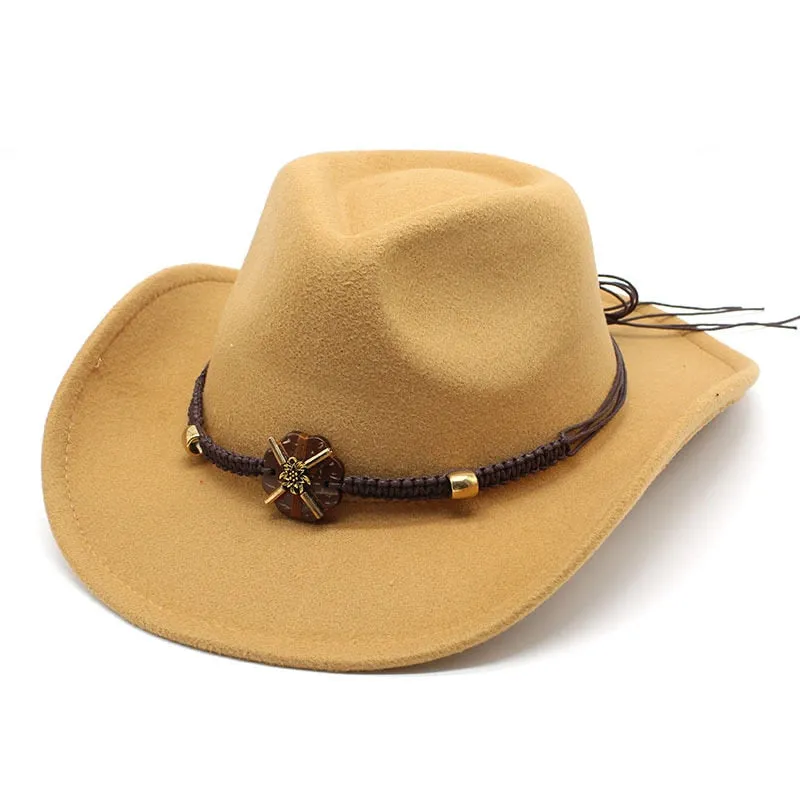 Unisex Formal Western Bead Belt Wide Brim Cowboy Jazz Hats for Party