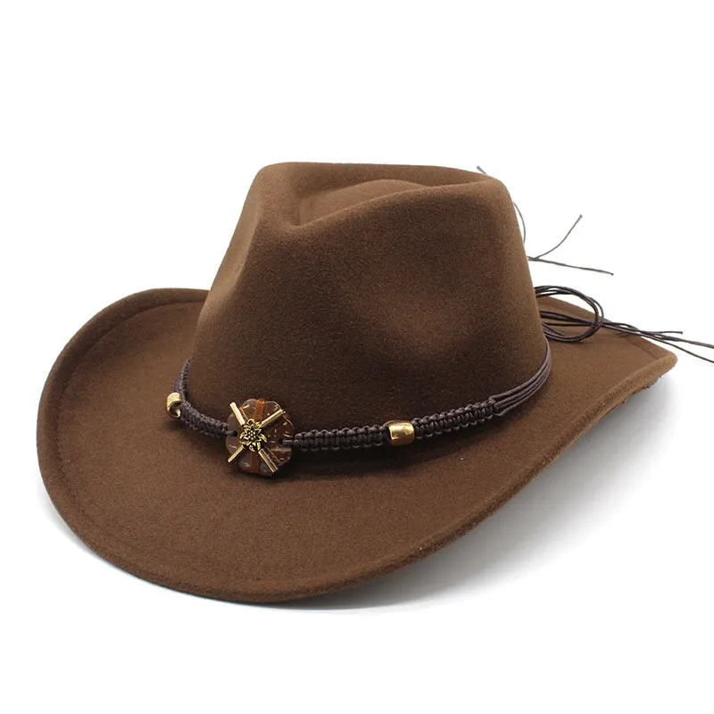 Unisex Formal Western Bead Belt Wide Brim Cowboy Jazz Hats for Party