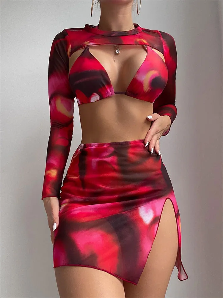 Women's Tie Dye Pattern Long Sleeve Cover-Up Skirt 4 Piece Swimsuit