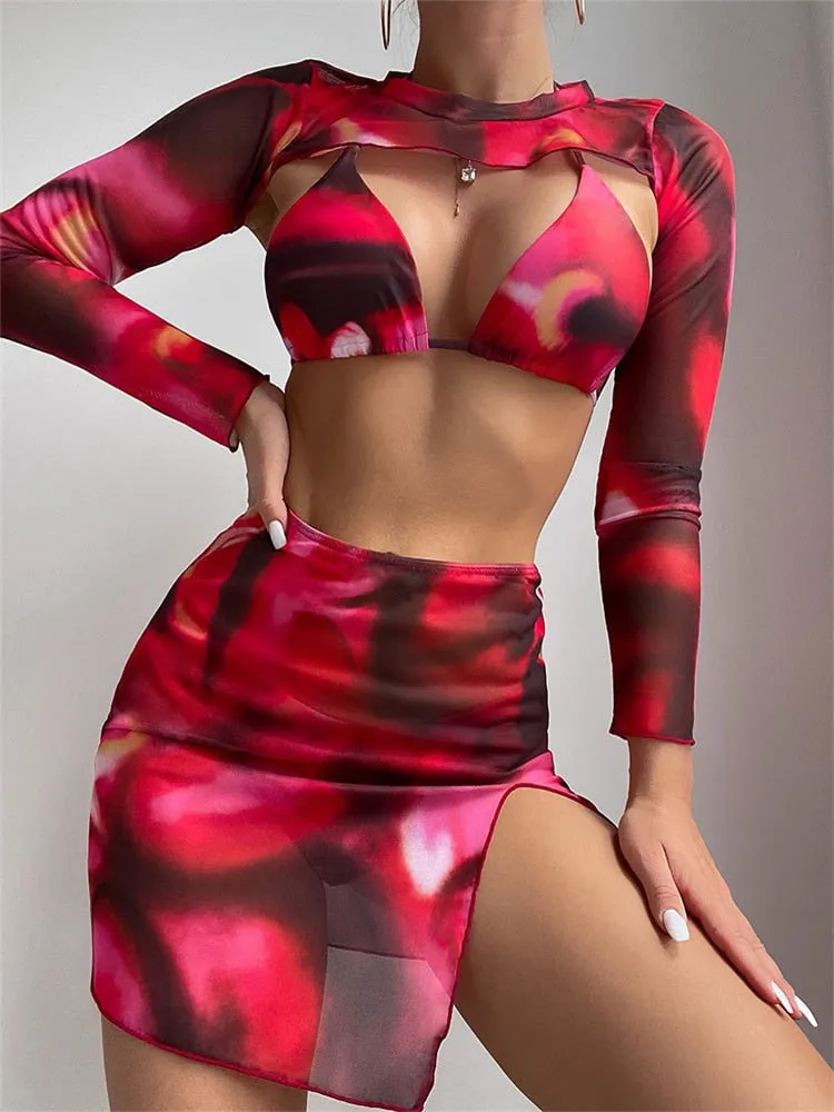 Women's Tie Dye Pattern Long Sleeve Cover-Up Skirt 4 Piece Swimsuit