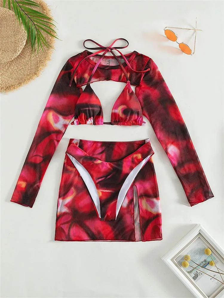 Women's Tie Dye Pattern Long Sleeve Cover-Up Skirt 4 Piece Swimsuit