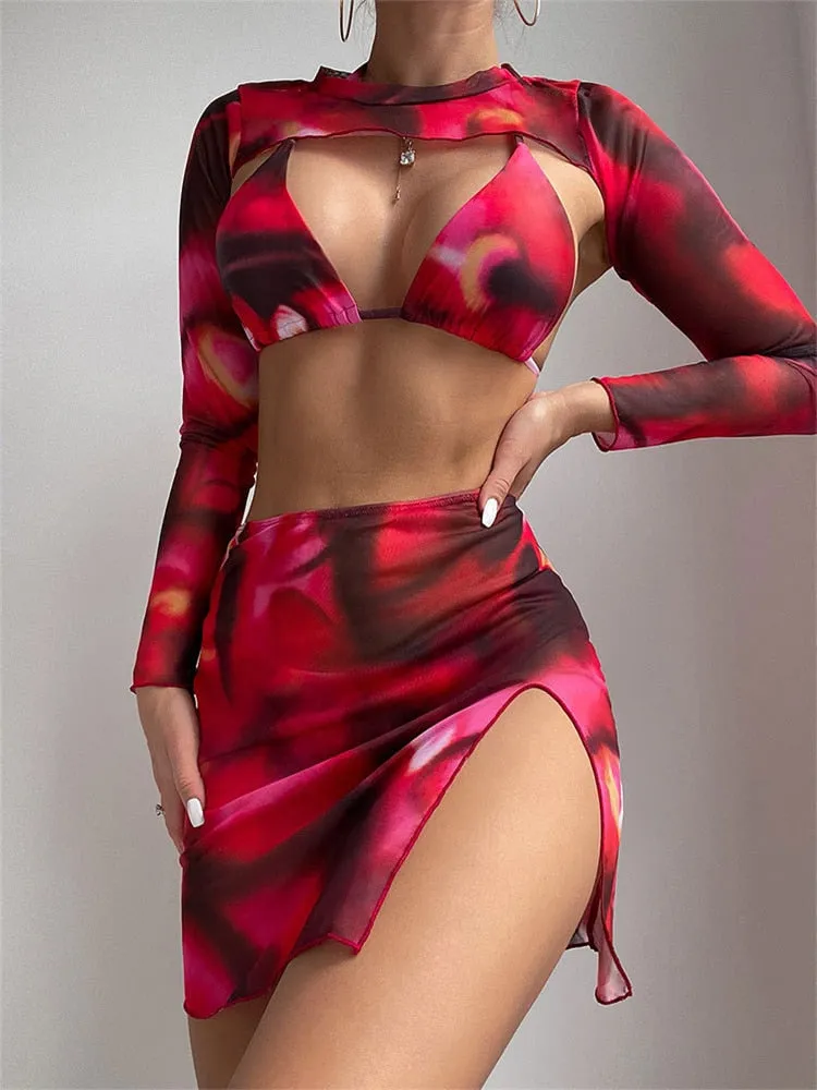 Women's Tie Dye Pattern Long Sleeve Cover-Up Skirt 4 Piece Swimsuit